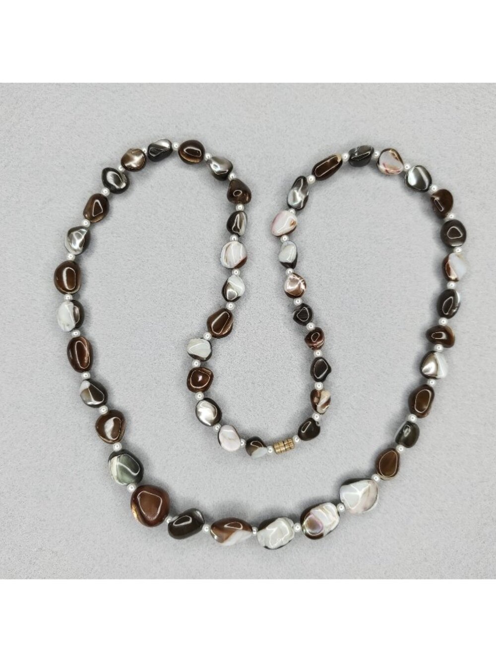 Vintage Mother Of Pearl Beaded Necklace Brown White Polished 28"